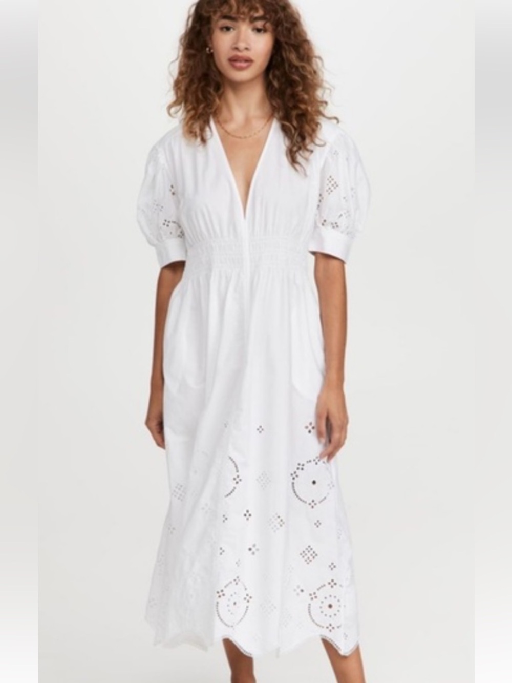 Sea White Eyelet V-Neck Puff Sleeve Maxi Dress